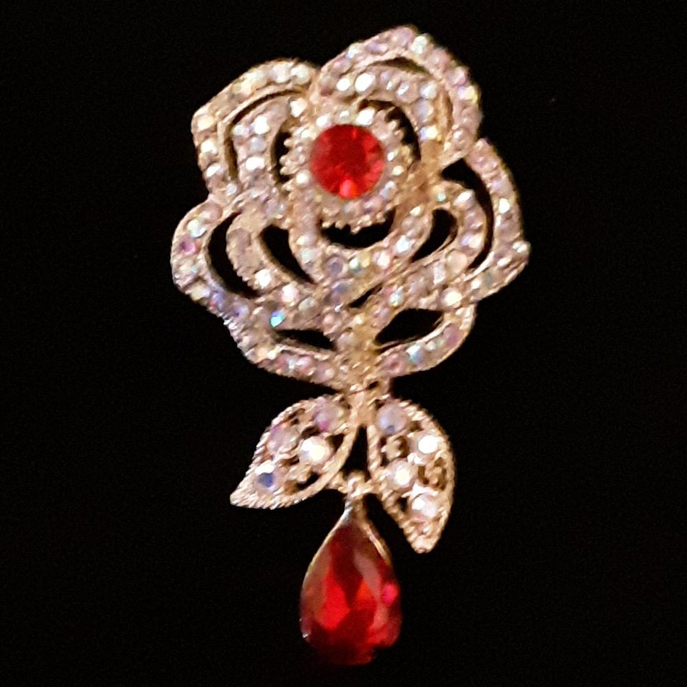 Golden ROSE Red JEWELS Rhinestone Flower Brooch - Picture 5 of 6